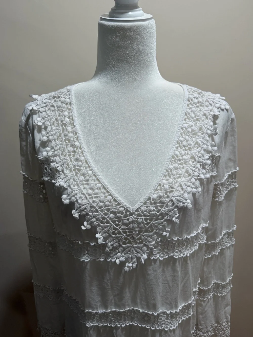 Tory Burch White Crochet Lace Long Sleeve V Neck Coverup Dress Sz. L